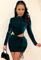 Winter Sexy Green Velvet Round Neck Long Sleeve Cutout Ruched Bodycon Dress