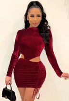 Winter Sexy Red Velvet Round Neck Long Sleeve Cutout Ruched Bodycon Dress