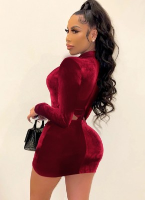 Winter Sexy Red Velvet Round Neck Long Sleeve Cutout Ruched Bodycon Dress