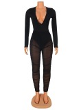 Winter Sexy Black Plunge Neck Long Sleeve Bodysuit and Ruched Mesh Pants Set Wholesale Two Piece Clothing