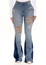 Winter Sexy Light Blue Ripped Hole High Waist Patch Flare Jeans