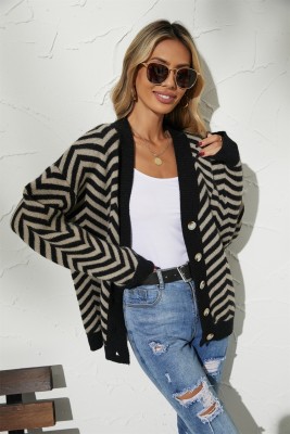 Winter Casual Black Stripes Button Up Long Sleeve Cardigan Sweater