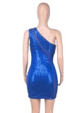 Spring Sexy Blue Sequins Mesh Patch See Through one Shoulder Mini Party Dress