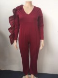 Winter Elegant Plus Size Red V-neck Ruffled Long Sleeve Loose Formal Jumpsuit
