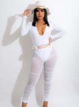 Winter Sexy White Plunge Neck Long Sleeve Bodysuit and Ruched Mesh Pants Set Wholesale Two Piece Clothing