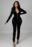 Winter Sexy Black Zipper Velvet Long Sleeve Jumpsuit