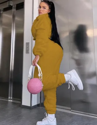 Winter Casaul Yellow Fleece Zipper Open Long Sleeve Crop Top And Pant Wholesale 2 Piece Sets