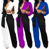 Spring Casual Purple Contrast Long Sleeve With Belt Loose Jumpsuit