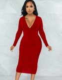 Spring Sexy Red V Neck Long Sleeve Midi Dress