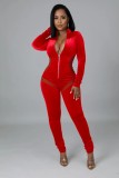 Winter Sexy Red Zipper Velvet Long Sleeve Jumpsuit