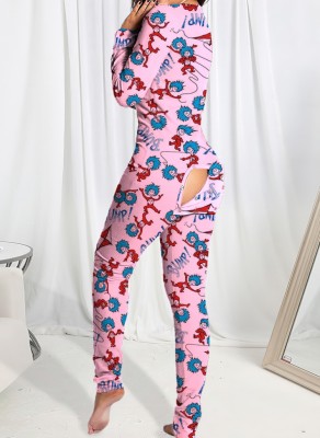 Winter Fashion Cute Cartoon Print Button Open Long Sleeve Jumpsuit