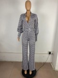 Winter Fashion Print Puffed Long Sleeve With Belt Jumpsuit