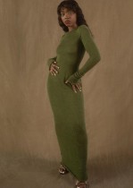 Winter Sexy Green Solid Round Neck Long Sleeve Long Dress