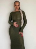Winter Sexy Green Solid Round Neck Long Sleeve Long Dress
