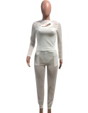 Winter Sexy White Mesh Cut Out Round Neck Long Sleeve See Through Top And Pant Cheap Wholesale Two Piece Sets