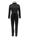 Winter Casual Black Zipper Long Sleeve Top And Pant Wholesale 2 Piece Outfits