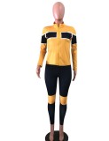 Winter Wholesale Sportswear Yellow Contrast Zipper Long Sleeve Top And Pant Two Piece Set