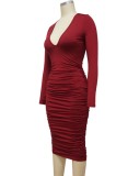 Spring Sexy Red V Neck Long Sleeve Midi Dress