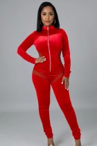 Winter Sexy Red Zipper Velvet Long Sleeve Jumpsuit