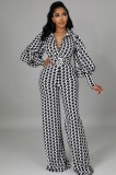 Winter Fashion Print Puffed Long Sleeve With Belt Jumpsuit