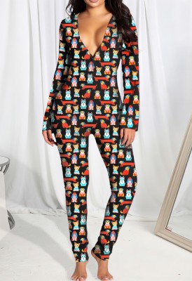 Winter Fashion Cute Cartoon Print Button Open Long Sleeve Jumpsuit