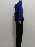 Spring Casual Blue Contrast Long Sleeve With Belt Loose Jumpsuit