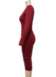 Spring Sexy Red V Neck Long Sleeve Midi Dress