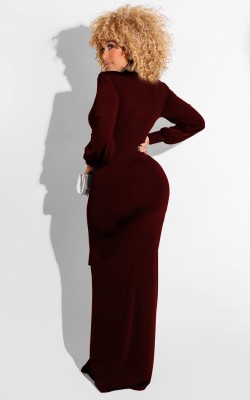 Winter Sexy Wine Deep V Neck With Belt Long Sleeve Slit Long Dress