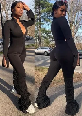 Winter Sexy Black Zipper Up Long Sleeve Stacked Jumpsuit