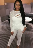 Winter Sexy White Mesh Cut Out Round Neck Long Sleeve See Through Top And Pant Cheap Wholesale Two Piece Sets