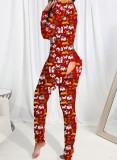 Winter Fashion Cute Cartoon Print Button Open Long Sleeve Jumpsuit