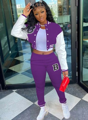 Spring Purple Letter Print Baseball Jacket and Sweatpants Sportswear Vendors