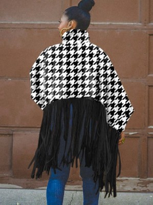 Winter White and Black Print Turtleneck Fringe Oversized Top