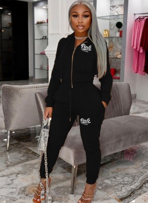 Winter Black Letter Print Hoody Jacket and Pants Two Piece Tracksuit