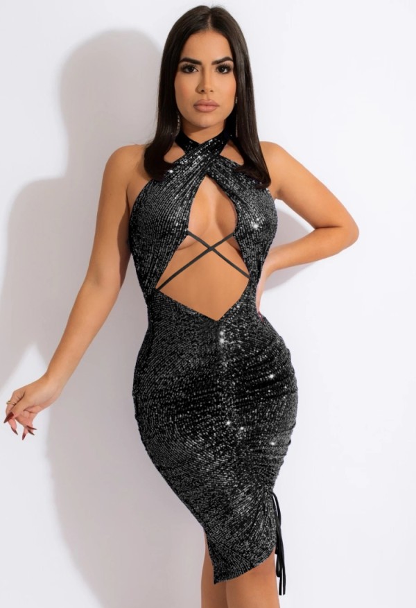 Spring Black Sequined Cut Out Halter Ruched Club Dress