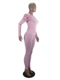 Winter Pink Knitting Tight Ruffle Top and Pants Two Piece Set