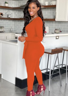 Winter Orange Knitting Tight V-Neck Long Sleeves Jumpsuit