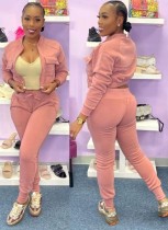 Winter Pink Cropped Jacket and Sweatpants Two Piece Set