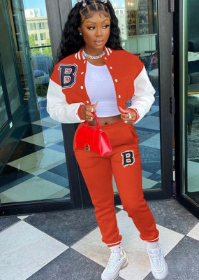 Spring Orange Letter Print Baseball Jacket and Sweatpants Sportswear Vendors