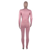 Winter Pink Knitting Tight V-Neck Long Sleeves Jumpsuit