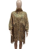 Winter Leopard Print Turtleneck Fringe Oversized Top