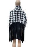 Winter White and Black Print Turtleneck Fringe Oversized Top