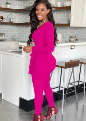 Winter Rose Knitting Tight V-Neck Long Sleeves Jumpsuit
