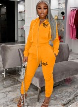 Winter Yellow Letter Print Hoody Jacket and Pants Two Piece Tracksuit