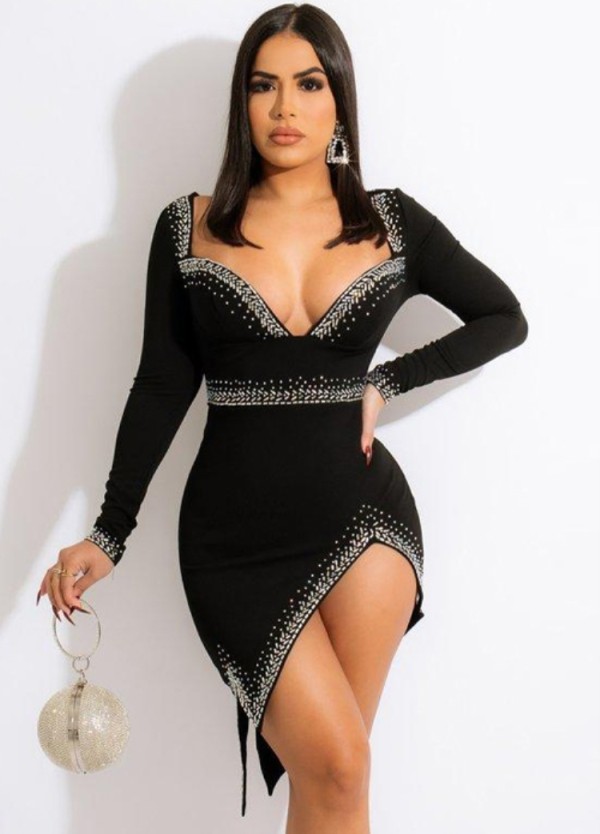 Winter Black Beading Long Sleeves Irregular Party Dress