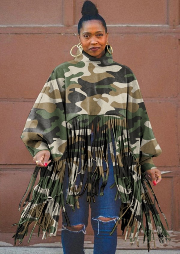 Winter Camo Print Turtleneck Fringe Oversized Top