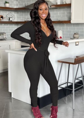 Winter Black Knitting Tight V-Neck Long Sleeves Jumpsuit