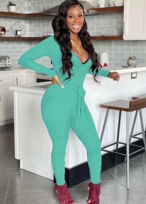 Winter Green Knitting Tight V-Neck Long Sleeves Jumpsuit