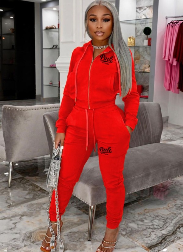 Winter Red Letter Print Hoody Jacket and Pants Two Piece Tracksuit