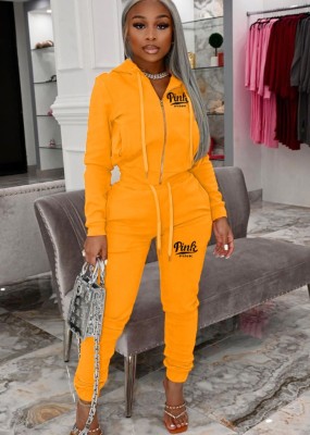 Winter Yellow Letter Print Hoody Jacket and Pants Two Piece Tracksuit